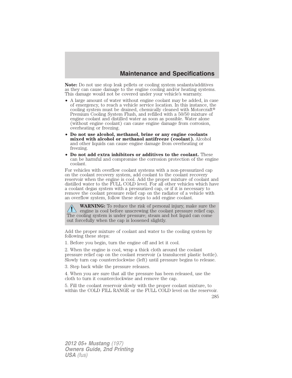 Maintenance and specifications | FORD 2012 Shelby GT 500 v.2 User Manual | Page 285 / 343