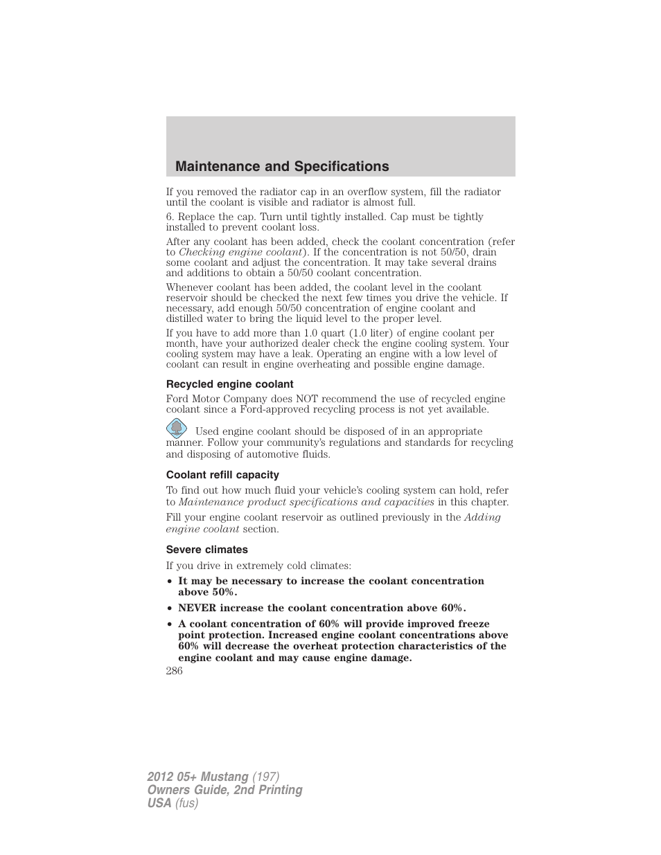 Recycled engine coolant, Coolant refill capacity, Severe climates | Maintenance and specifications | FORD 2012 Shelby GT 500 v.2 User Manual | Page 286 / 343