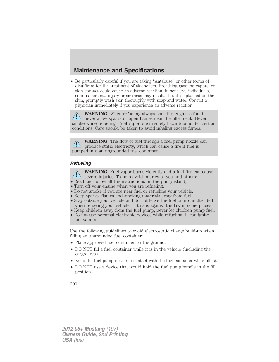 Refueling, Maintenance and specifications | FORD 2012 Shelby GT 500 v.2 User Manual | Page 290 / 343