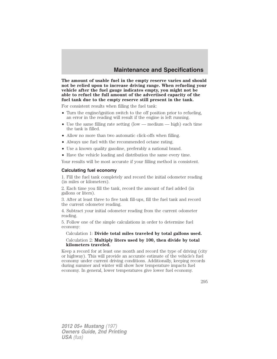 Calculating fuel economy, Maintenance and specifications | FORD 2012 Shelby GT 500 v.2 User Manual | Page 295 / 343