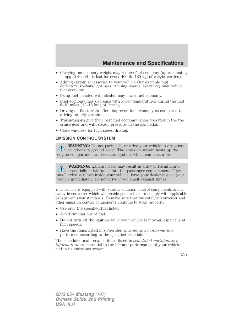 Emission control system, Maintenance and specifications | FORD 2012 Shelby GT 500 v.2 User Manual | Page 297 / 343