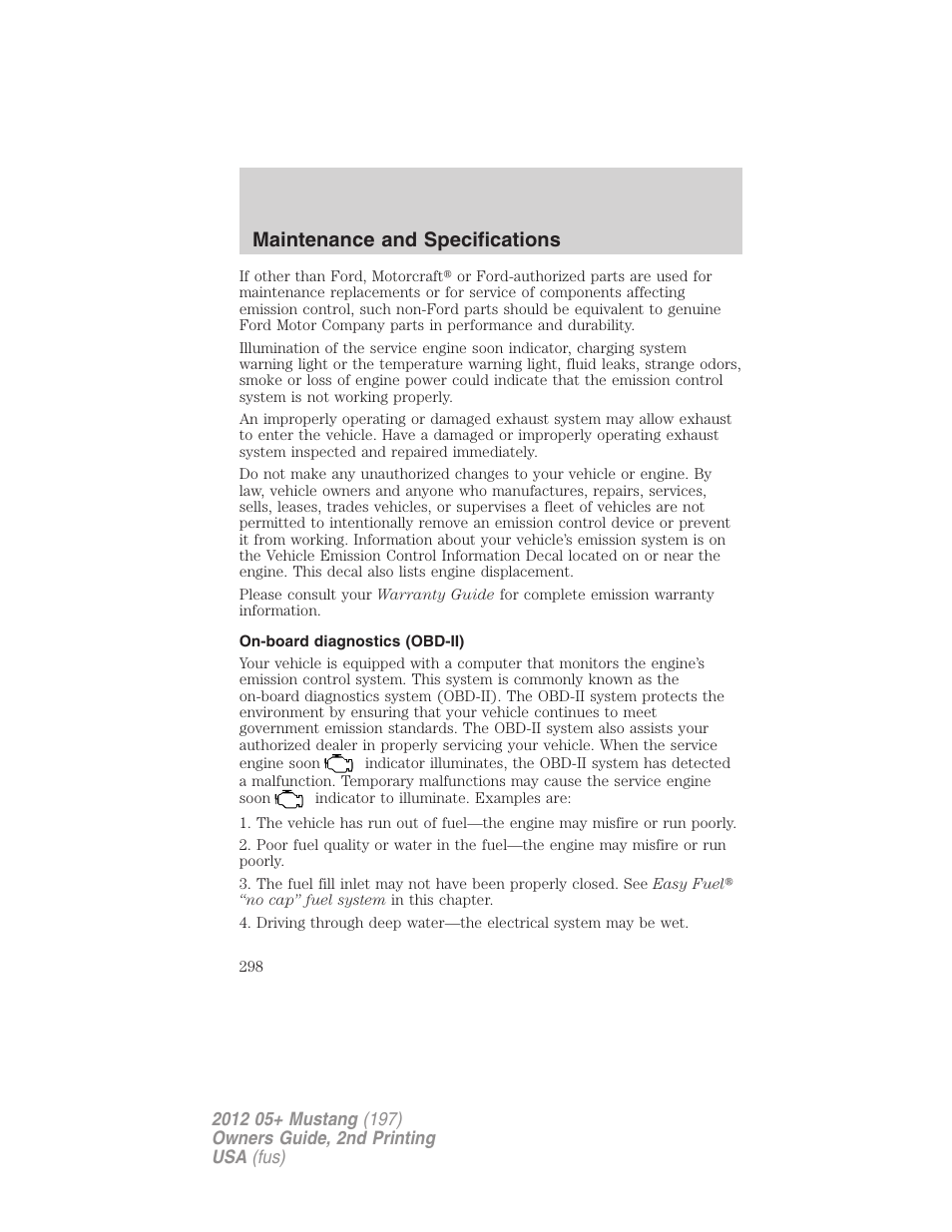 On-board diagnostics (obd-ii), Maintenance and specifications | FORD 2012 Shelby GT 500 v.2 User Manual | Page 298 / 343