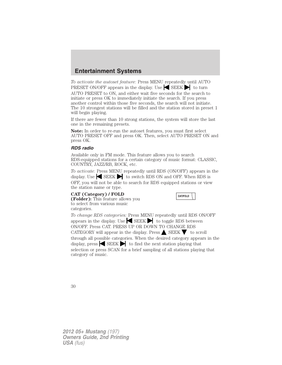 Rds radio, Entertainment systems | FORD 2012 Shelby GT 500 v.2 User Manual | Page 30 / 343