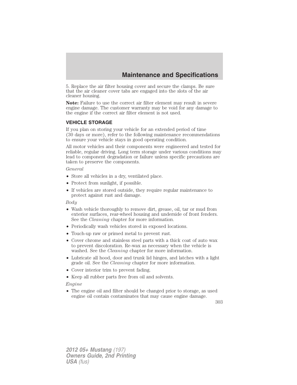 Vehicle storage, Maintenance and specifications | FORD 2012 Shelby GT 500 v.2 User Manual | Page 303 / 343