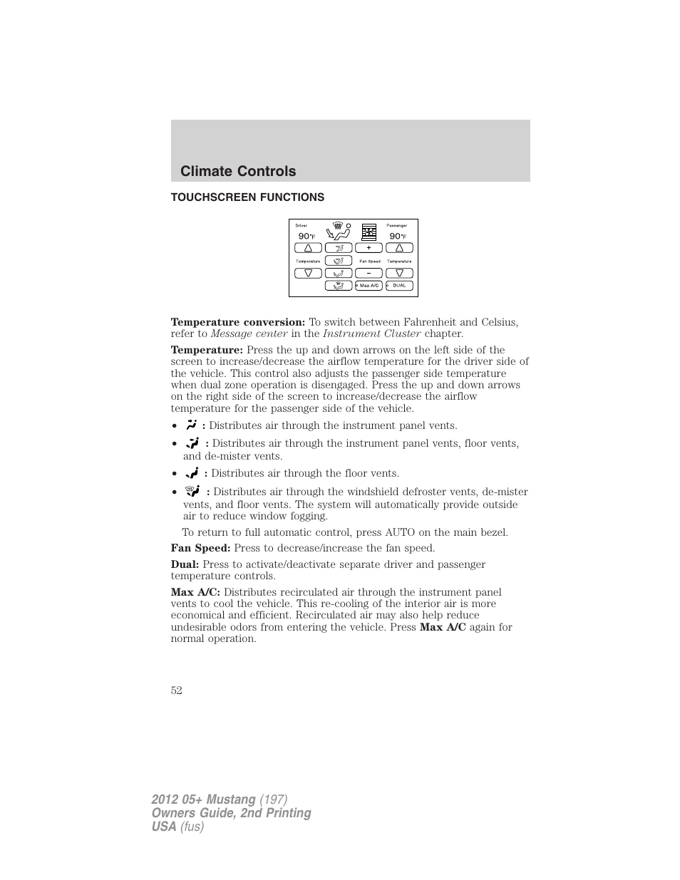 Touchscreen functions, Climate controls | FORD 2012 Shelby GT 500 v.2 User Manual | Page 52 / 343