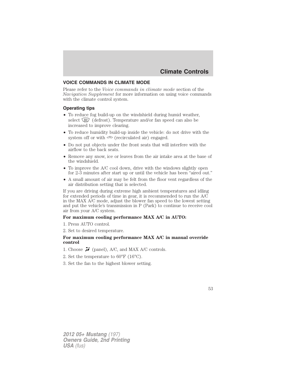 Voice commands in climate mode, Operating tips, Climate controls | FORD 2012 Shelby GT 500 v.2 User Manual | Page 53 / 343