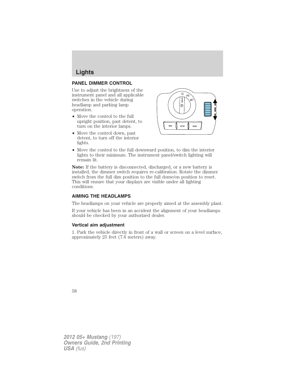 Panel dimmer control, Aiming the headlamps, Vertical aim adjustment | Lights | FORD 2012 Shelby GT 500 v.2 User Manual | Page 58 / 343