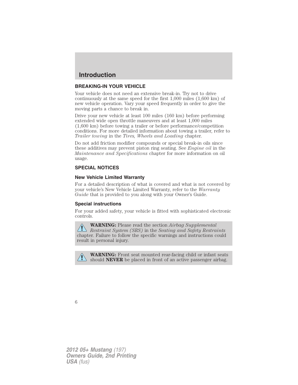 Breaking-in your vehicle, Special notices, New vehicle limited warranty | Special instructions, Introduction | FORD 2012 Shelby GT 500 v.2 User Manual | Page 6 / 343