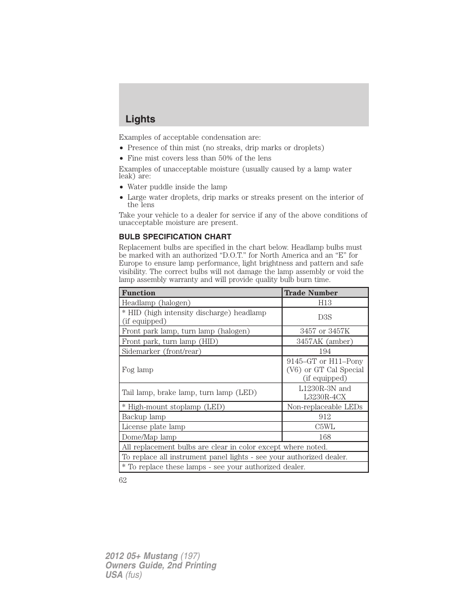 Bulb specification chart, Lights | FORD 2012 Shelby GT 500 v.2 User Manual | Page 62 / 343
