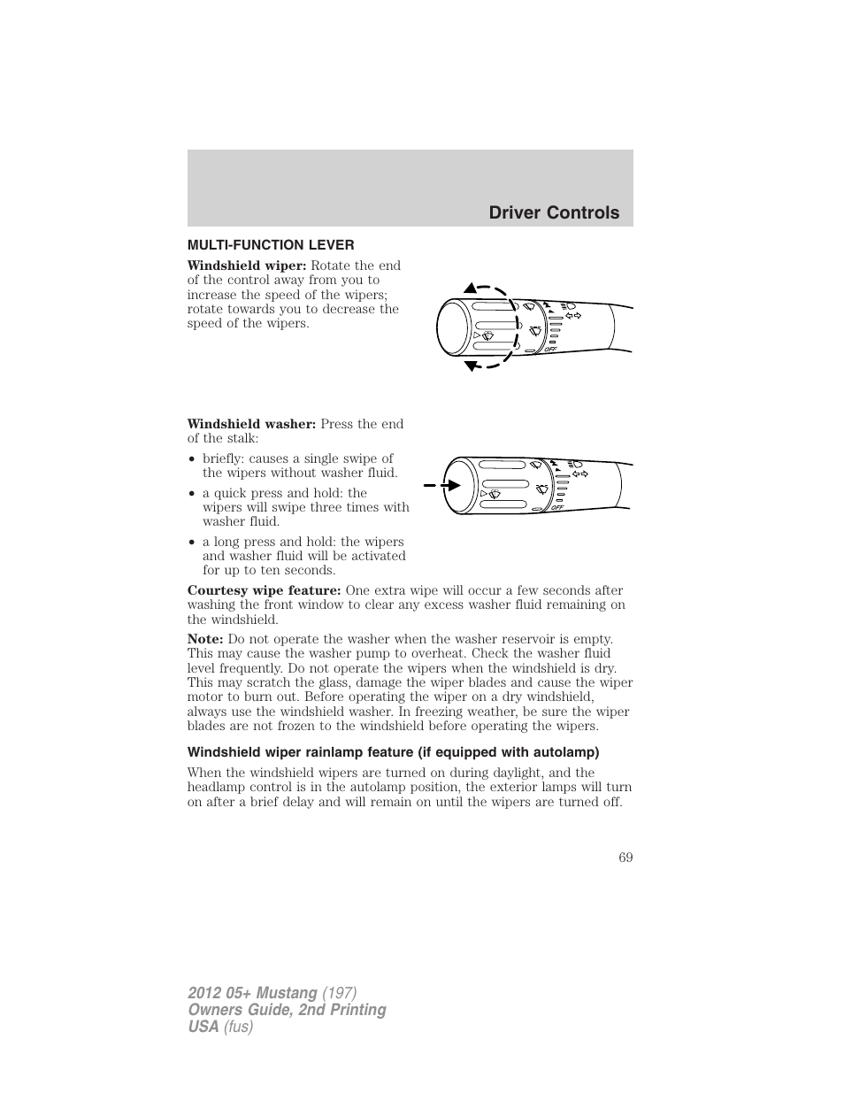Driver controls, Multi-function lever, Windshield wiper/washer control | FORD 2012 Shelby GT 500 v.2 User Manual | Page 69 / 343