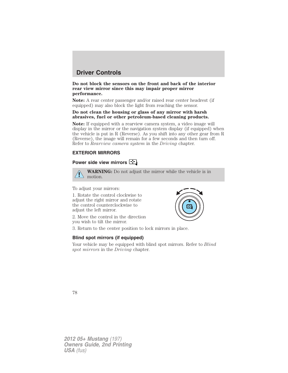 Exterior mirrors, Power side view mirrors, Blind spot mirrors (if equipped) | Driver controls | FORD 2012 Shelby GT 500 v.2 User Manual | Page 78 / 343