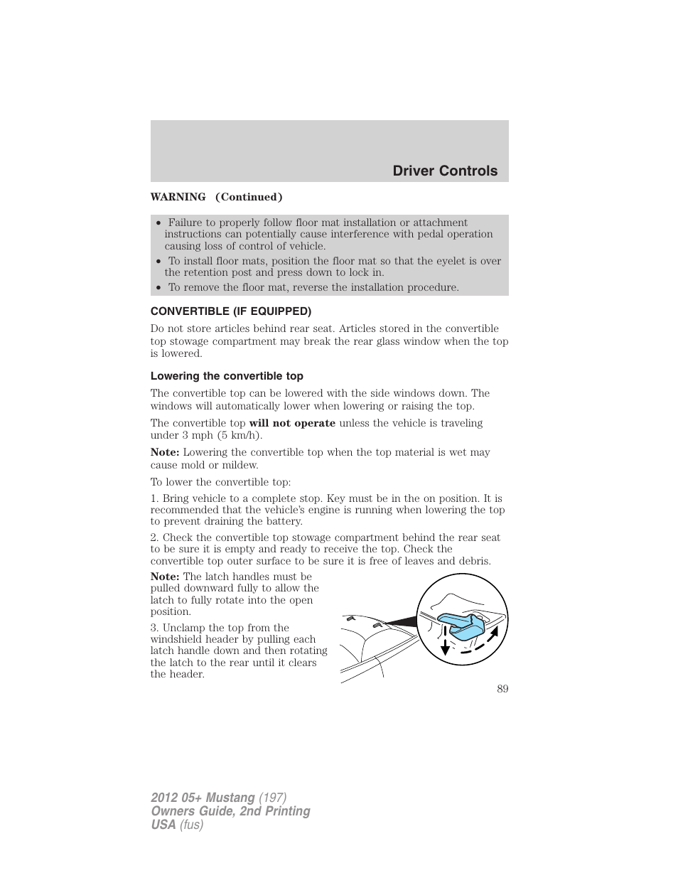 Convertible (if equipped), Lowering the convertible top, Driver controls | FORD 2012 Shelby GT 500 v.2 User Manual | Page 89 / 343