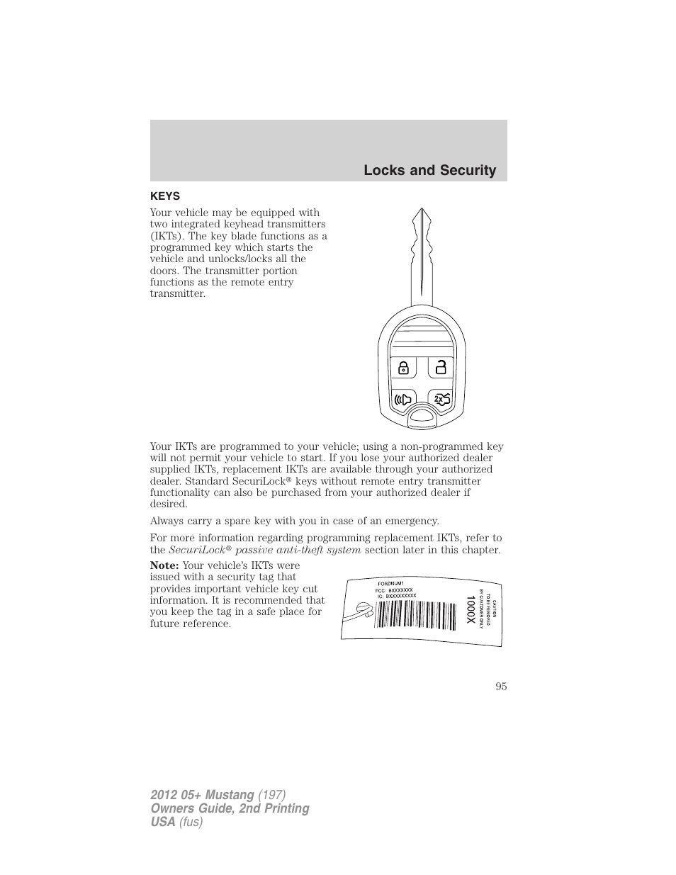 Locks and security, Keys | FORD 2012 Shelby GT 500 v.2 User Manual | Page 95 / 343