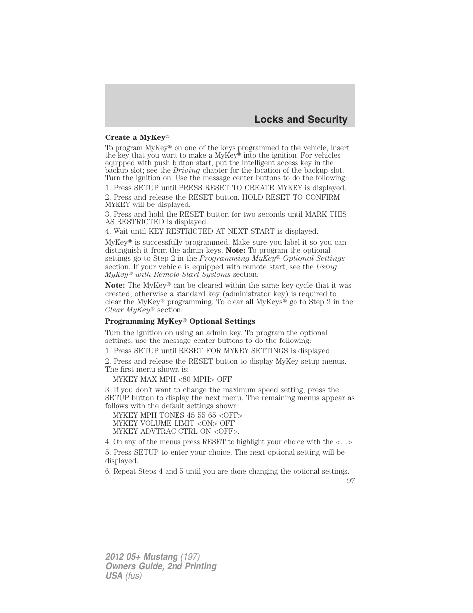 Locks and security | FORD 2012 Shelby GT 500 v.2 User Manual | Page 97 / 343