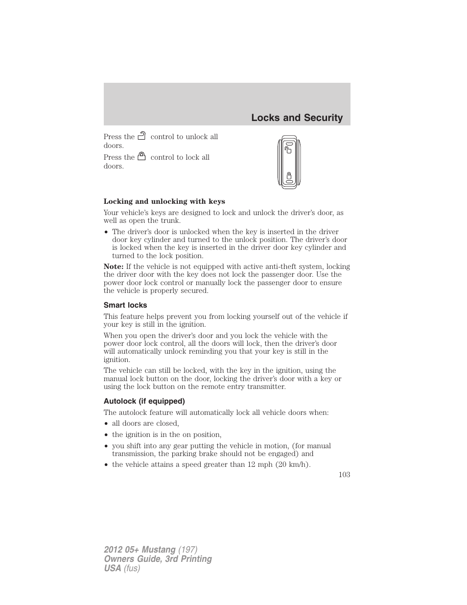 Smart locks, Autolock (if equipped), Locks and security | FORD 2012 Shelby GT 500 v.3 User Manual | Page 103 / 350