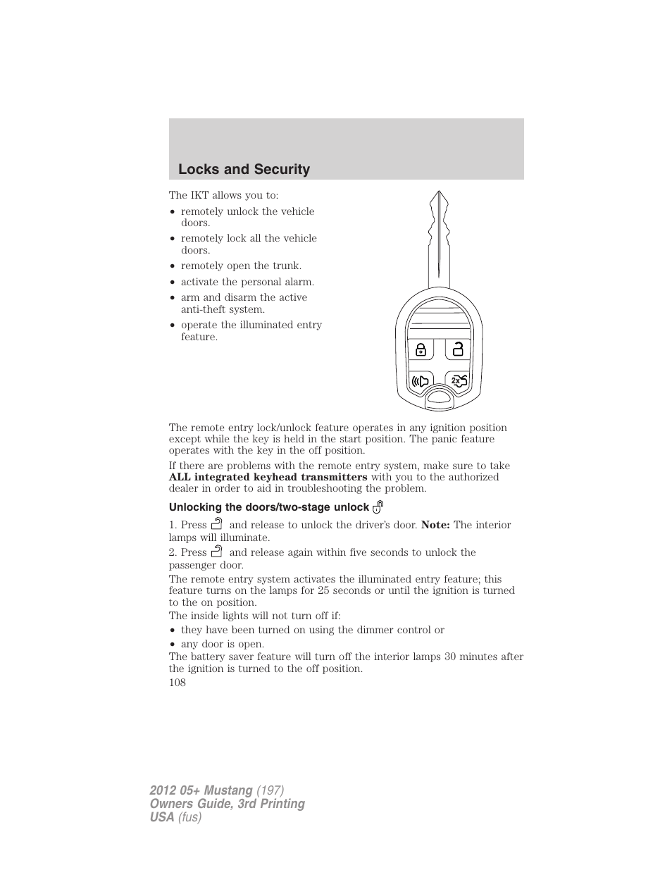 Unlocking the doors/two-stage unlock, Locks and security | FORD 2012 Shelby GT 500 v.3 User Manual | Page 108 / 350