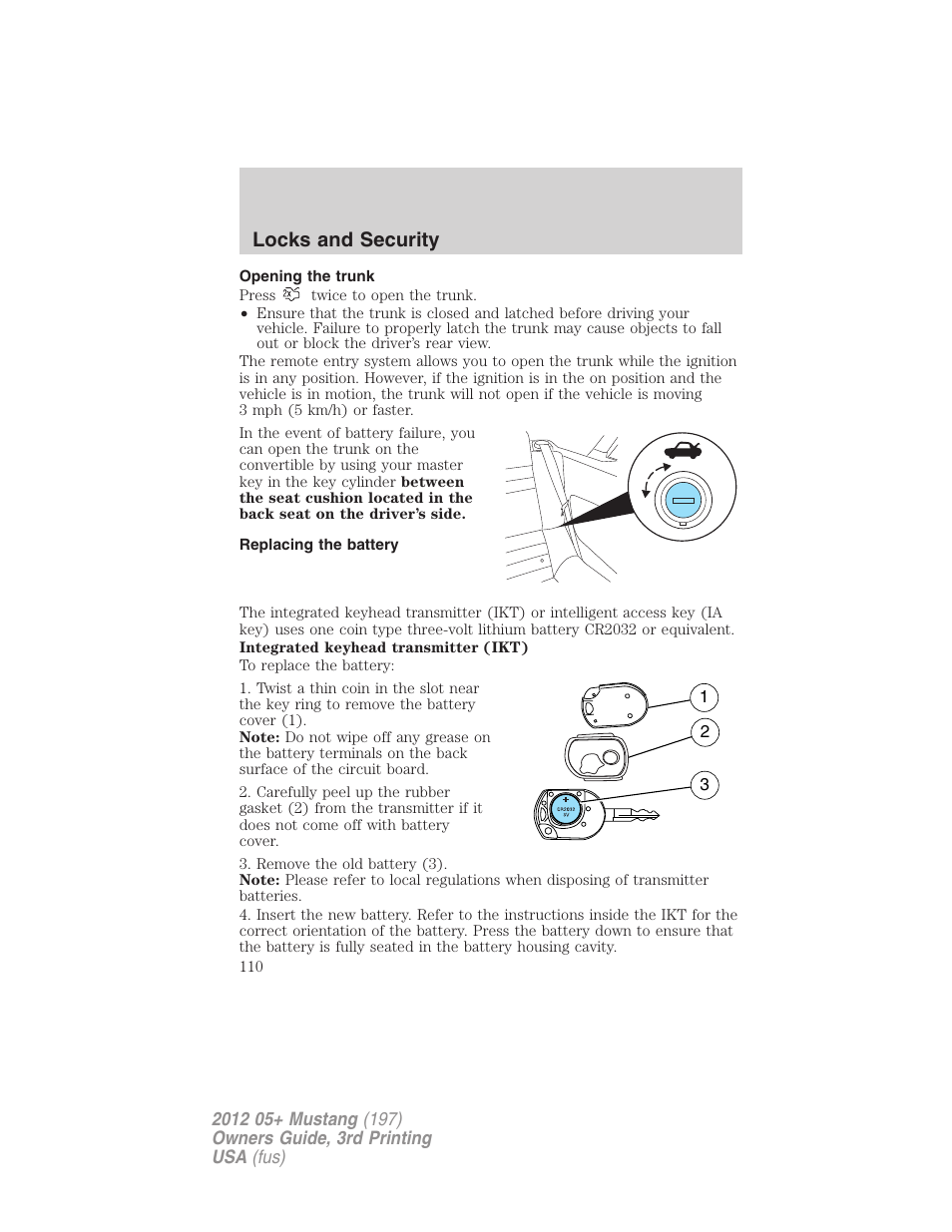 Opening the trunk, Replacing the battery, Locks and security | FORD 2012 Shelby GT 500 v.3 User Manual | Page 110 / 350