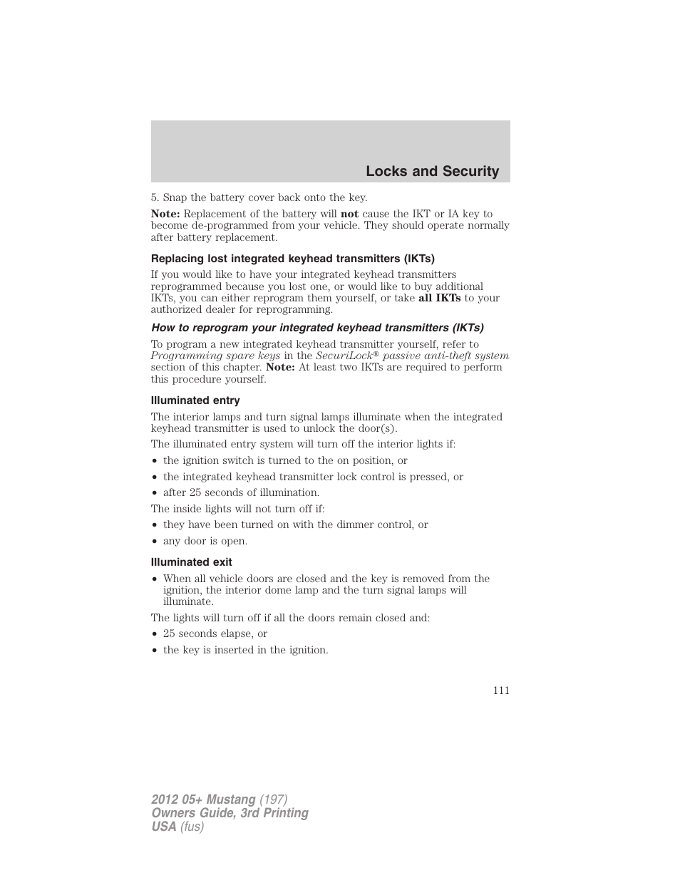 Illuminated entry, Illuminated exit, Locks and security | FORD 2012 Shelby GT 500 v.3 User Manual | Page 111 / 350