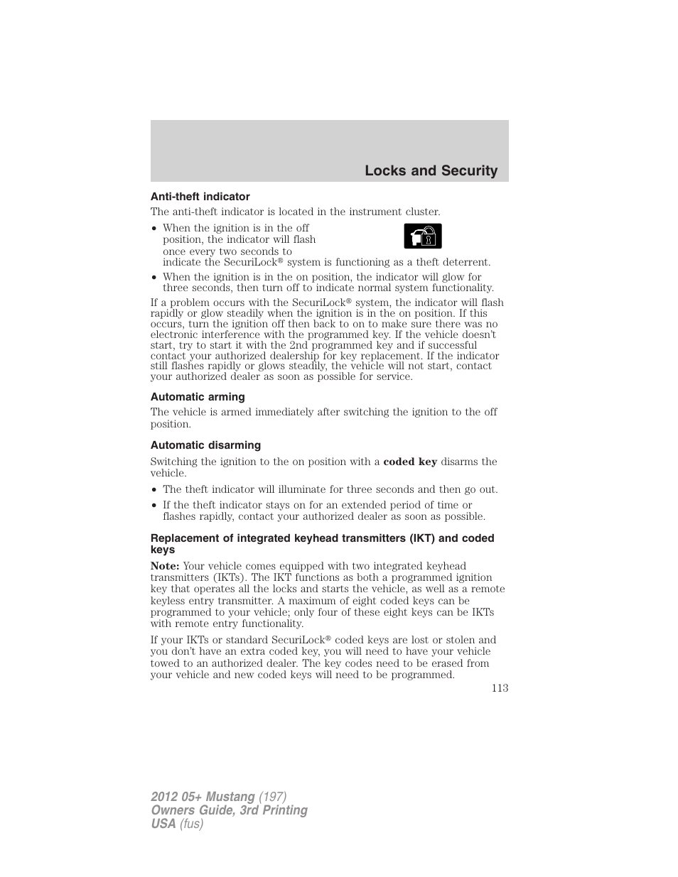 Anti-theft indicator, Automatic arming, Automatic disarming | Locks and security | FORD 2012 Shelby GT 500 v.3 User Manual | Page 113 / 350