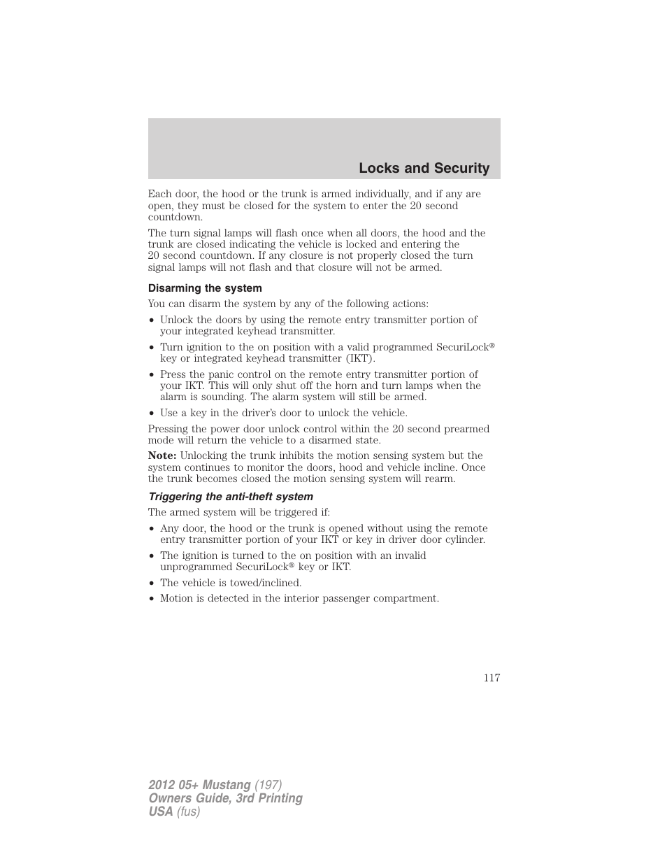 Disarming the system, Triggering the anti-theft system, Locks and security | FORD 2012 Shelby GT 500 v.3 User Manual | Page 117 / 350