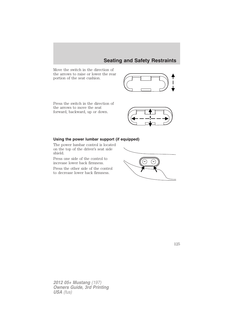 Using the power lumbar support (if equipped), Seating and safety restraints | FORD 2012 Shelby GT 500 v.3 User Manual | Page 125 / 350