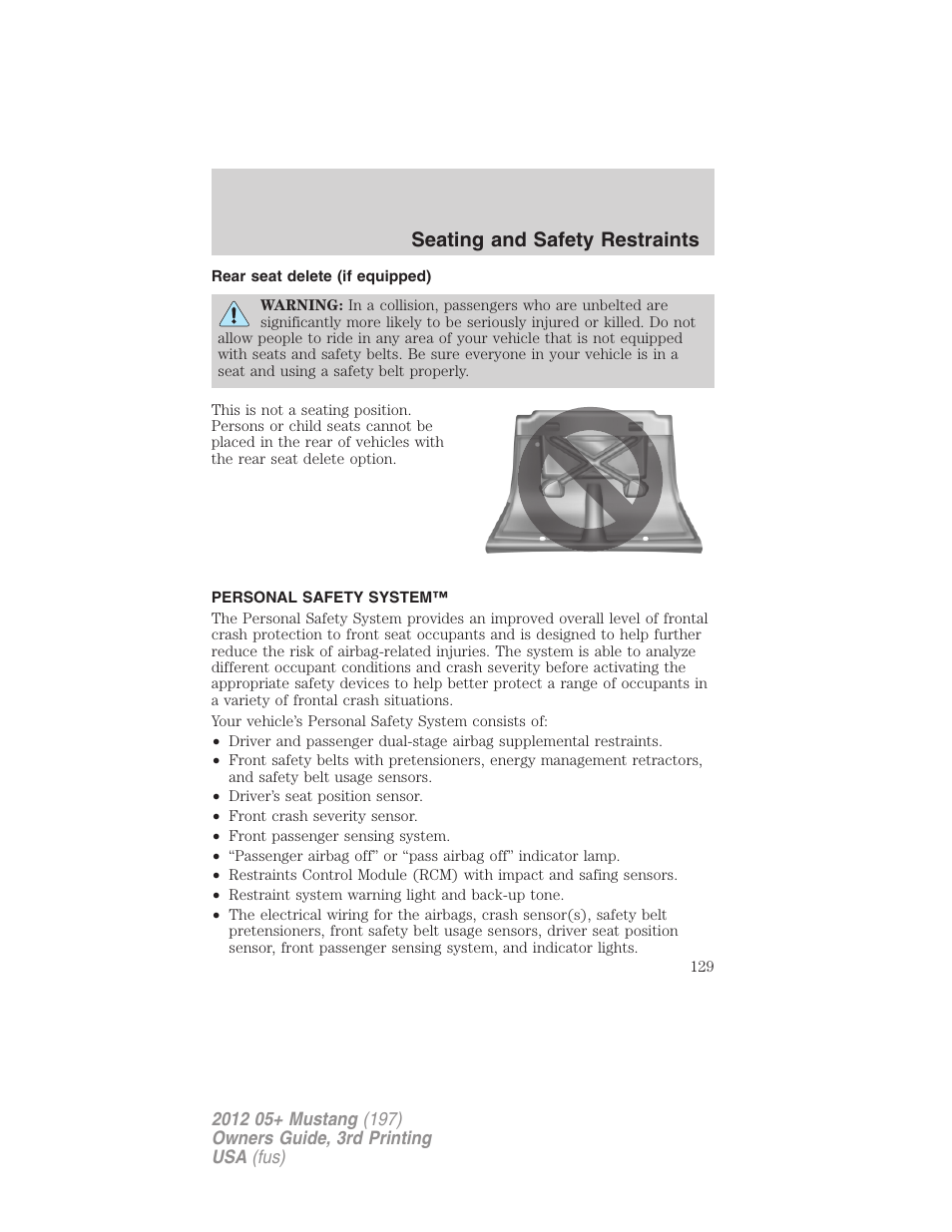 Rear seat delete (if equipped), Personal safety system, Seating and safety restraints | FORD 2012 Shelby GT 500 v.3 User Manual | Page 129 / 350