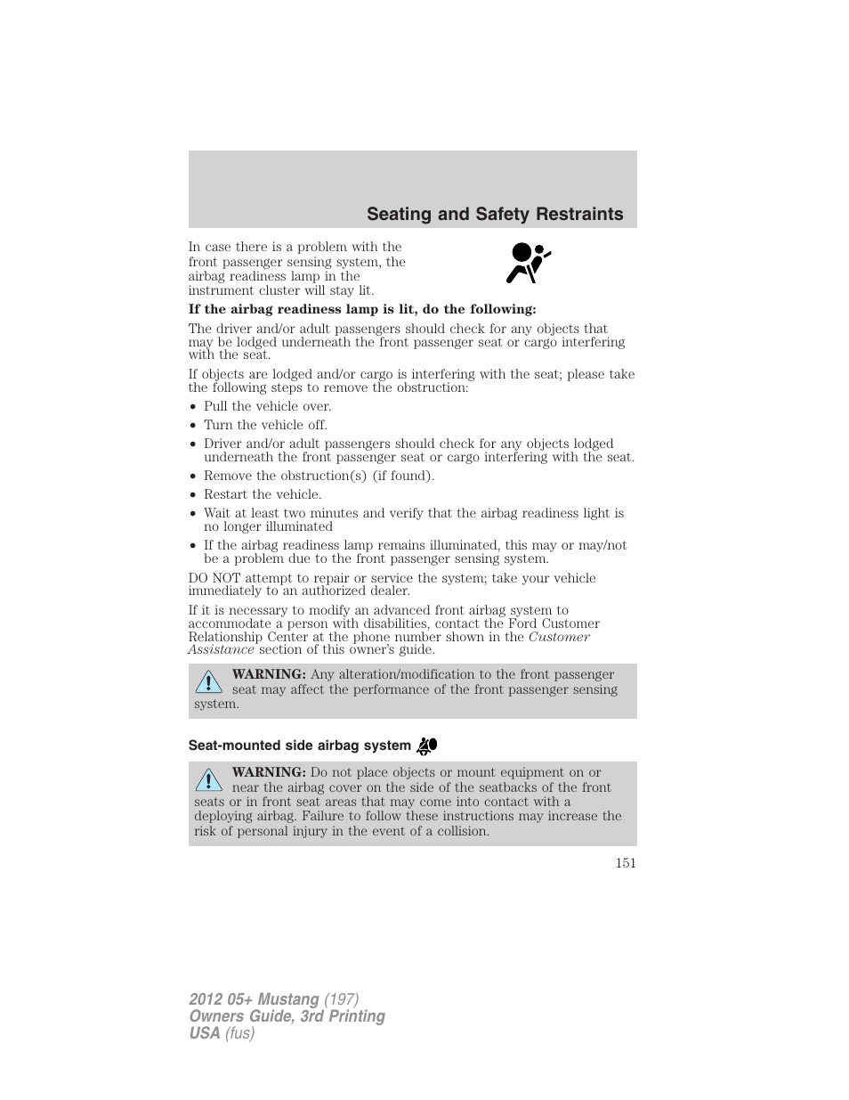 Seat-mounted side airbag system, Seating and safety restraints | FORD 2012 Shelby GT 500 v.3 User Manual | Page 151 / 350