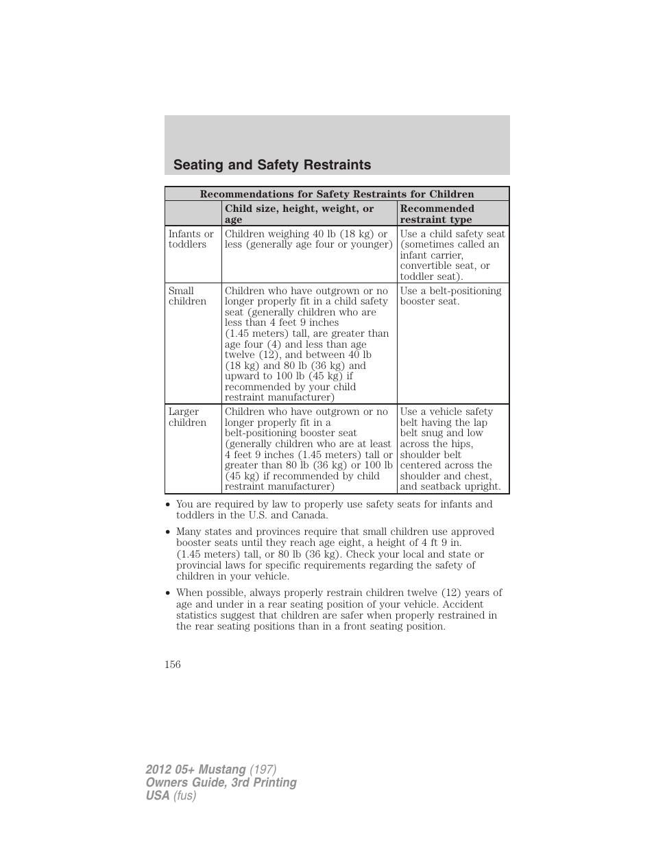 Seating and safety restraints | FORD 2012 Shelby GT 500 v.3 User Manual | Page 156 / 350