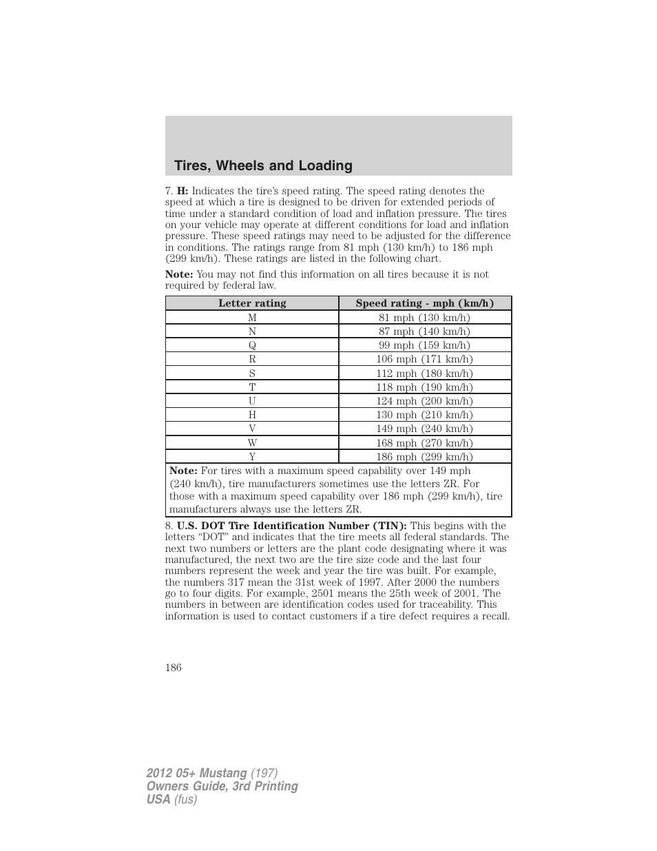 Tires, wheels and loading | FORD 2012 Shelby GT 500 v.3 User Manual | Page 186 / 350