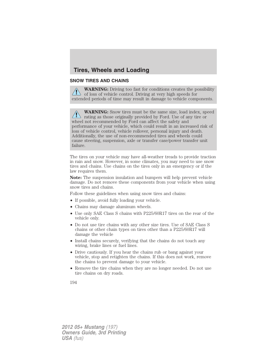 Snow tires and chains, Tires, wheels and loading | FORD 2012 Shelby GT 500 v.3 User Manual | Page 194 / 350