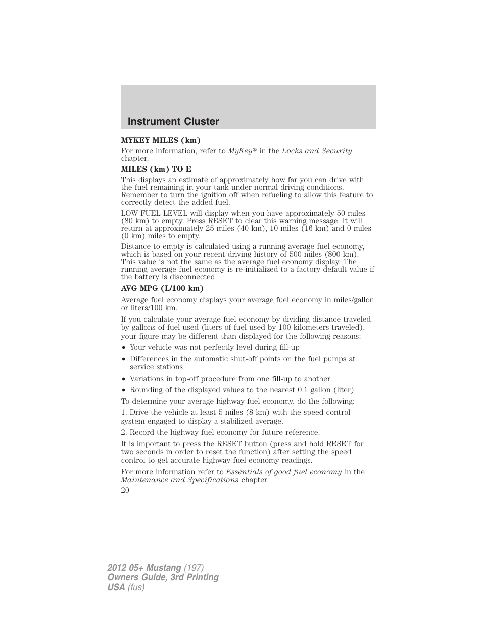 Instrument cluster | FORD 2012 Shelby GT 500 v.3 User Manual | Page 20 / 350