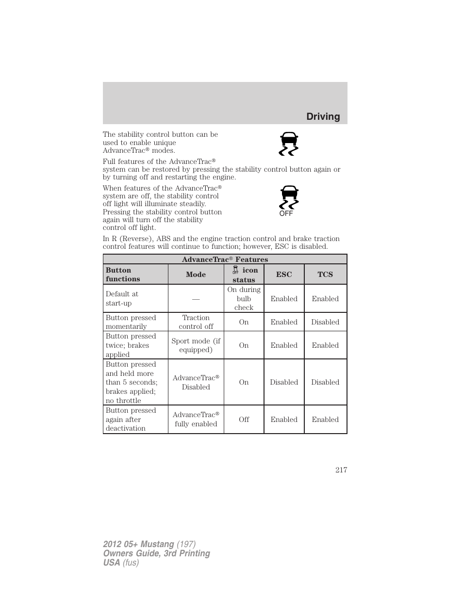 Driving | FORD 2012 Shelby GT 500 v.3 User Manual | Page 217 / 350