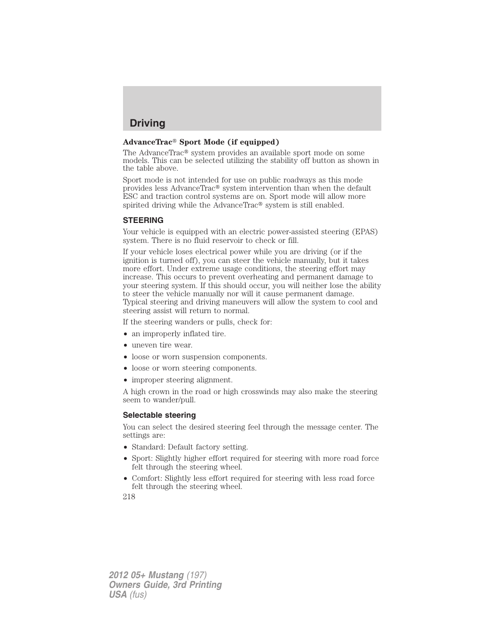 Steering, Selectable steering, Driving | FORD 2012 Shelby GT 500 v.3 User Manual | Page 218 / 350