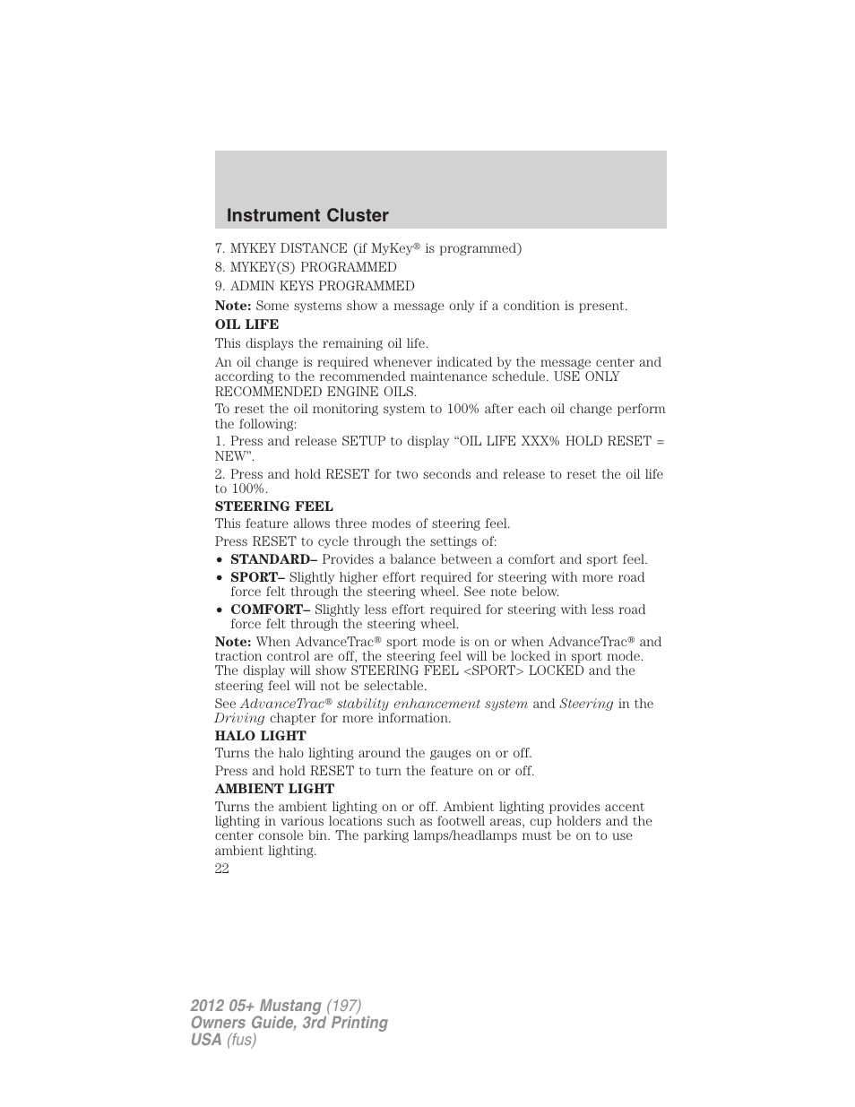 Instrument cluster | FORD 2012 Shelby GT 500 v.3 User Manual | Page 22 / 350