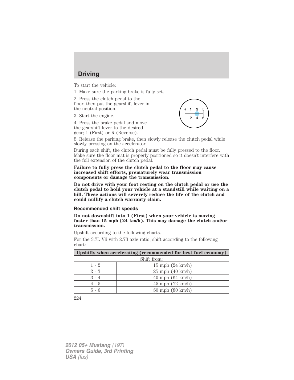 Recommended shift speeds, Driving | FORD 2012 Shelby GT 500 v.3 User Manual | Page 224 / 350