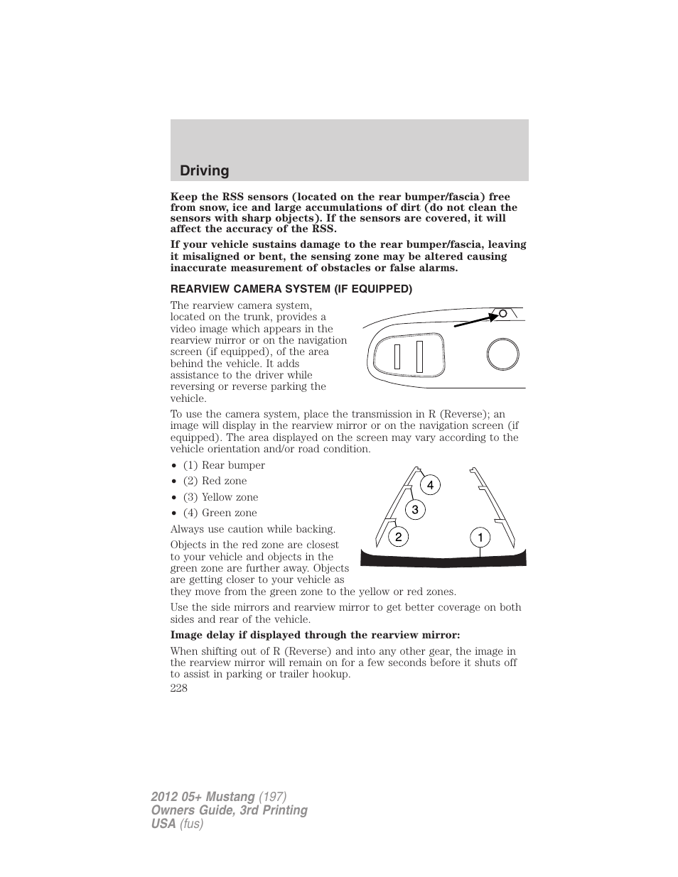 Rearview camera system (if equipped), Rear-view camera system, Driving | FORD 2012 Shelby GT 500 v.3 User Manual | Page 228 / 350