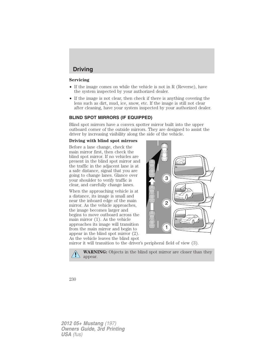 Blind spot mirrors (if equipped), Driving | FORD 2012 Shelby GT 500 v.3 User Manual | Page 230 / 350