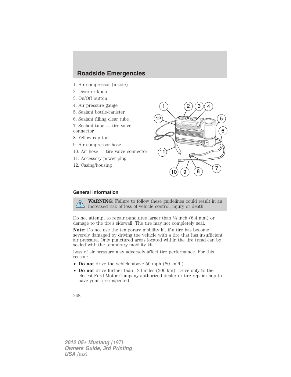 General information, Roadside emergencies | FORD 2012 Shelby GT 500 v.3 User Manual | Page 248 / 350