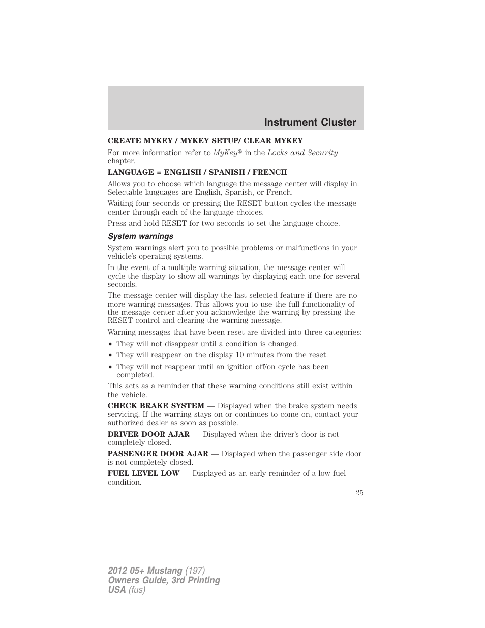 System warnings, Instrument cluster | FORD 2012 Shelby GT 500 v.3 User Manual | Page 25 / 350