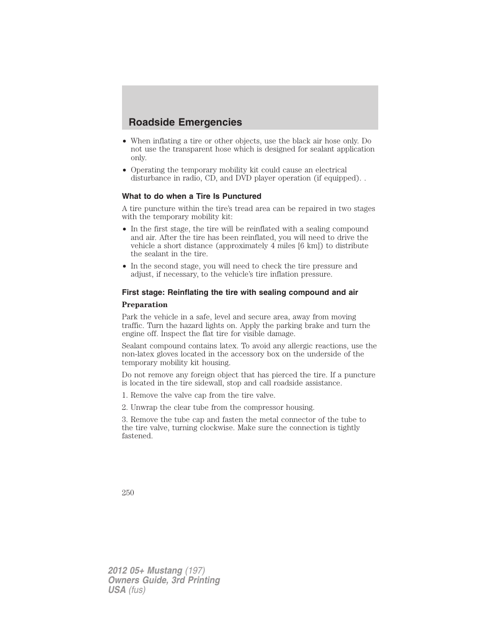 What to do when a tire is punctured, Roadside emergencies | FORD 2012 Shelby GT 500 v.3 User Manual | Page 250 / 350