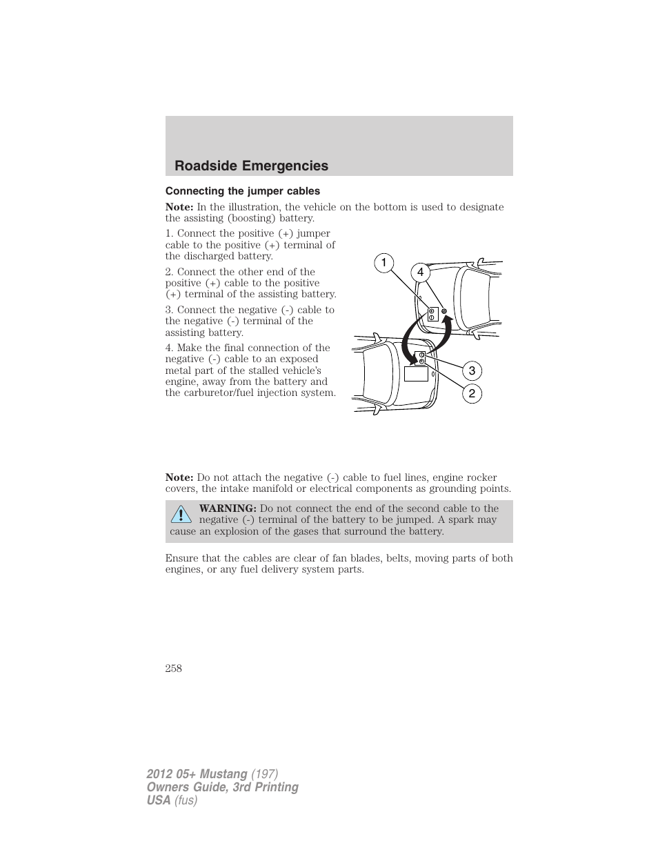 Connecting the jumper cables, Roadside emergencies | FORD 2012 Shelby GT 500 v.3 User Manual | Page 258 / 350