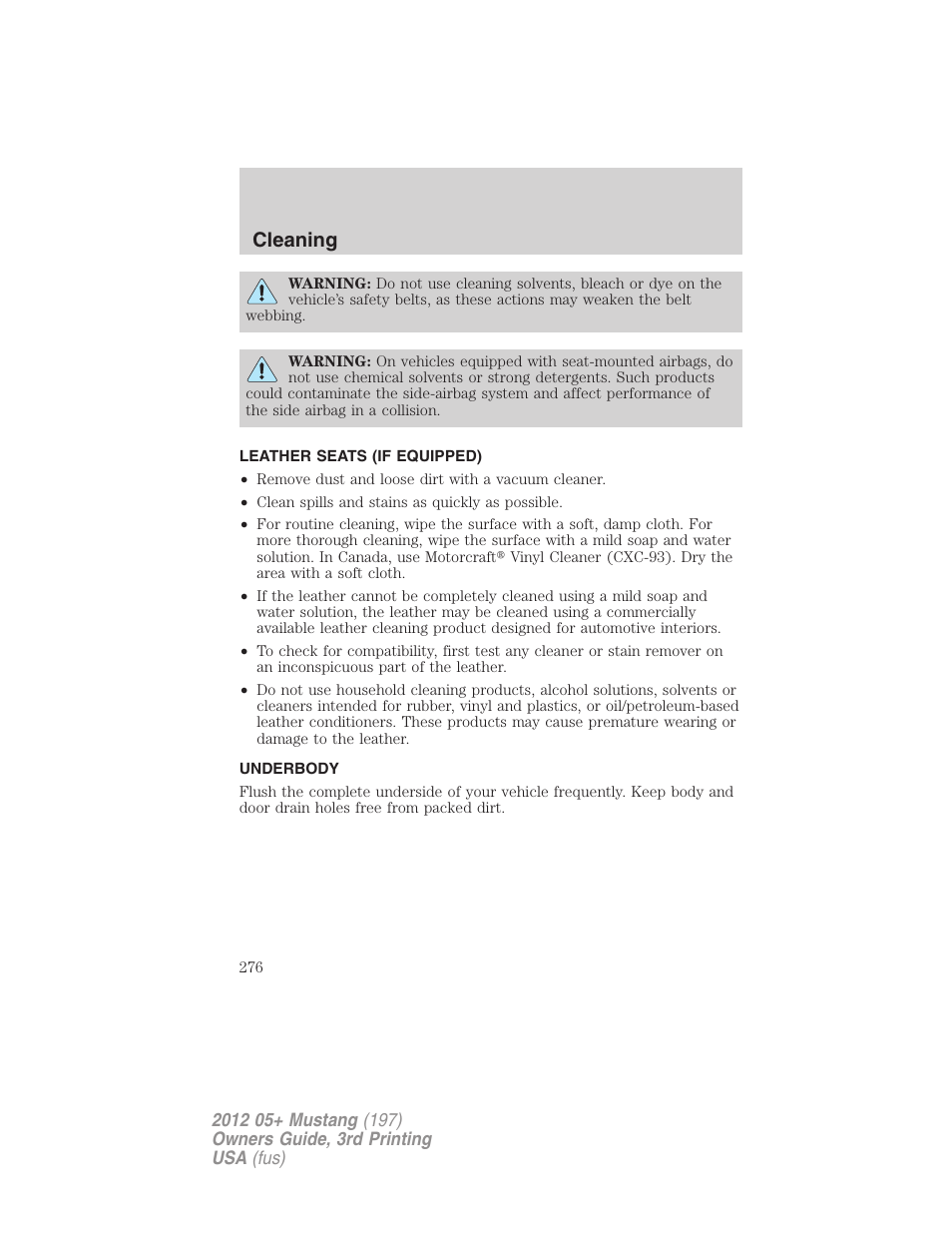 Leather seats (if equipped), Underbody, Cleaning | FORD 2012 Shelby GT 500 v.3 User Manual | Page 276 / 350