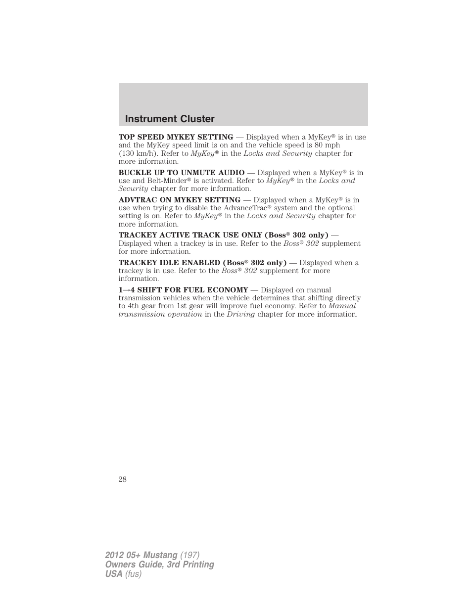 Instrument cluster | FORD 2012 Shelby GT 500 v.3 User Manual | Page 28 / 350