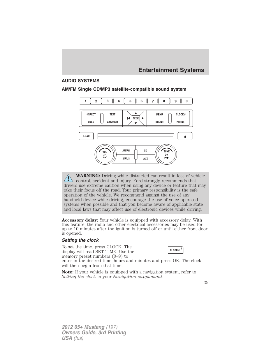 Entertainment systems, Audio systems, Setting the clock | FORD 2012 Shelby GT 500 v.3 User Manual | Page 29 / 350