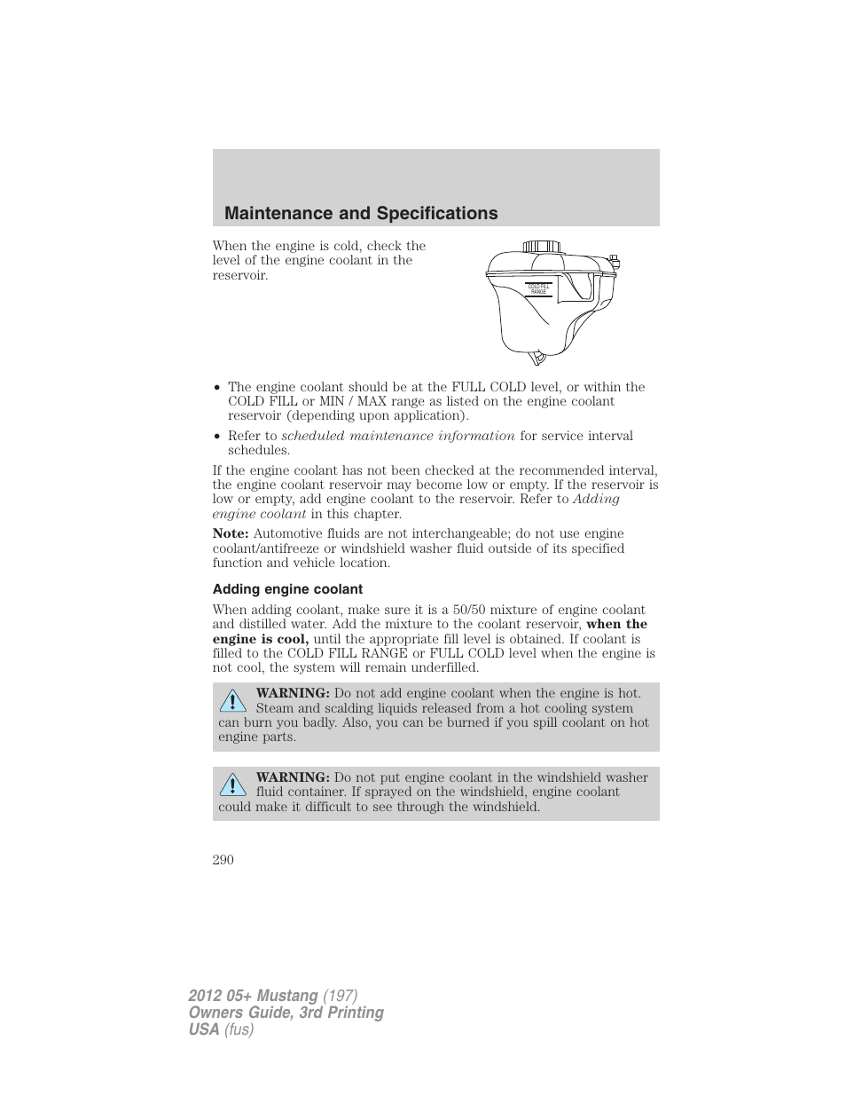 Adding engine coolant, Maintenance and specifications | FORD 2012 Shelby GT 500 v.3 User Manual | Page 290 / 350