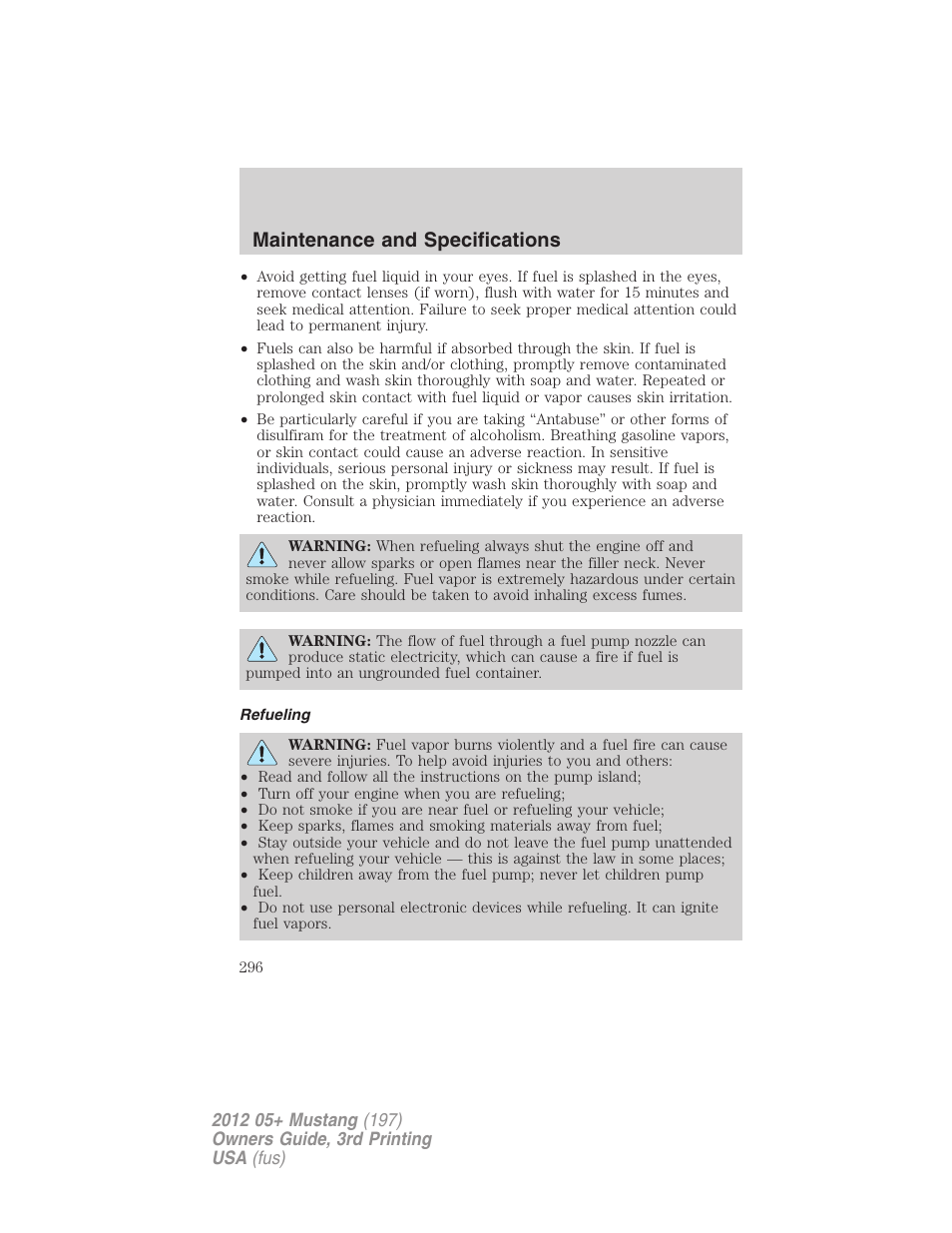 Refueling, Maintenance and specifications | FORD 2012 Shelby GT 500 v.3 User Manual | Page 296 / 350