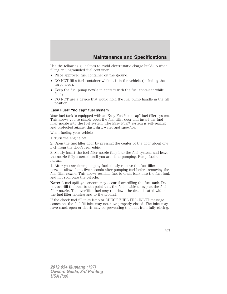 Easy fuel? “no cap” fuel system, Maintenance and specifications | FORD 2012 Shelby GT 500 v.3 User Manual | Page 297 / 350