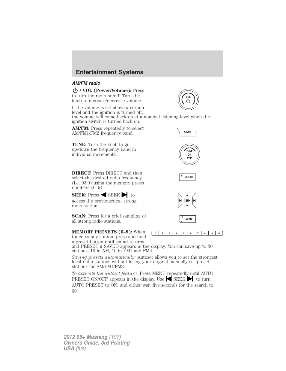 Am/fm radio, Entertainment systems | FORD 2012 Shelby GT 500 v.3 User Manual | Page 30 / 350