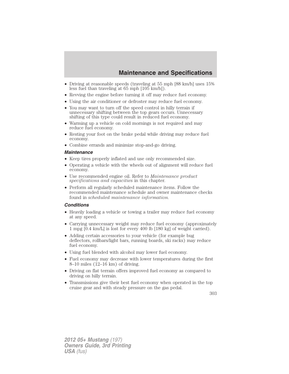 Maintenance, Conditions, Maintenance and specifications | FORD 2012 Shelby GT 500 v.3 User Manual | Page 303 / 350