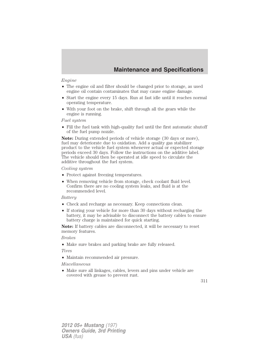 Maintenance and specifications | FORD 2012 Shelby GT 500 v.3 User Manual | Page 311 / 350